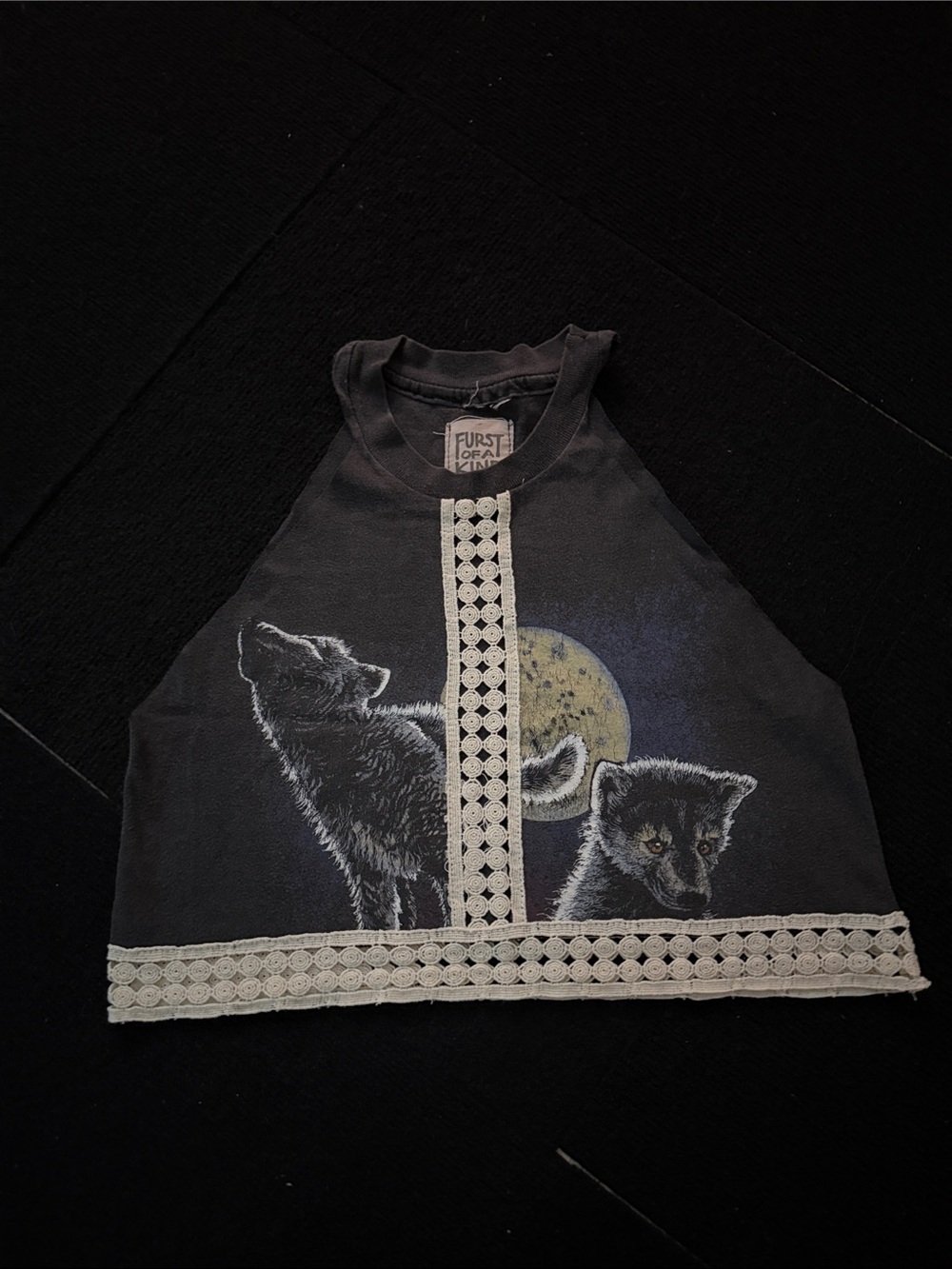 Wolf Moon Graphic Halter Crop Top with Crochet Trim